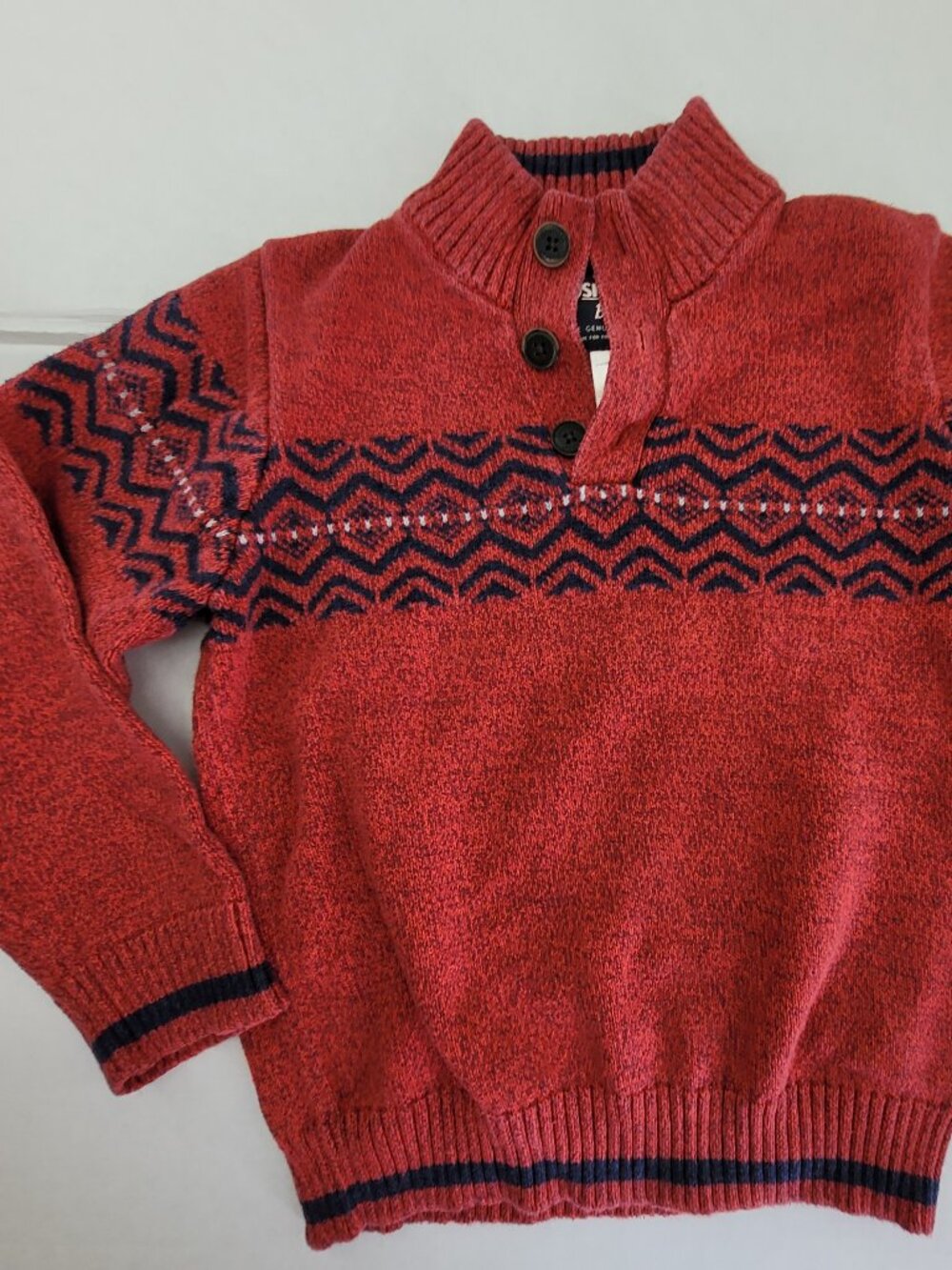 Vintage OshKosh Sweater Boys 8 Red 100% Cotton Knit Fair Isle Button Mock Neck